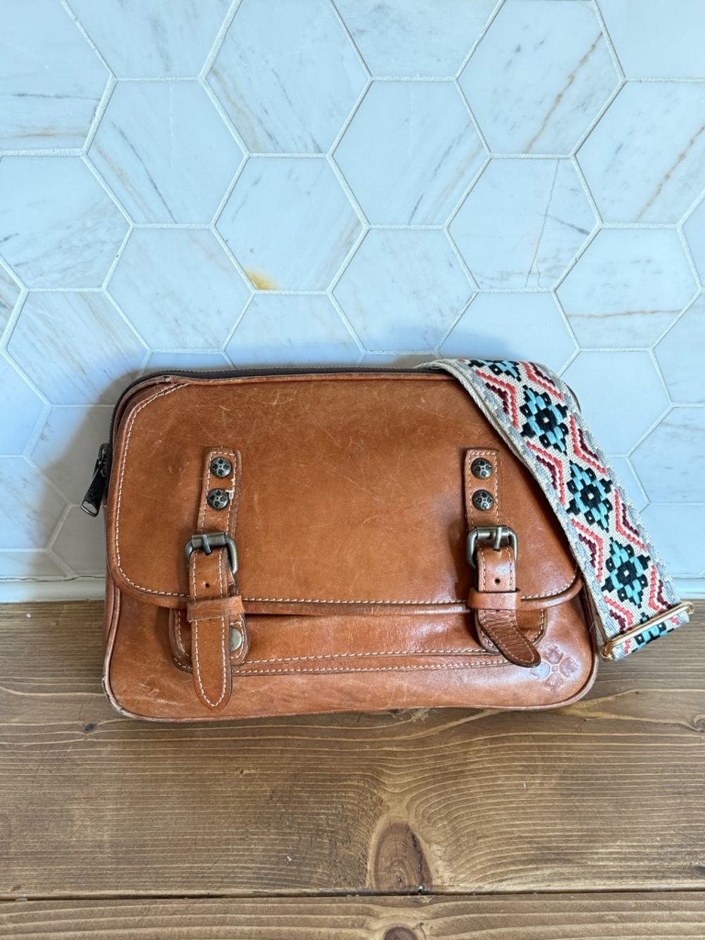 Patricia Nash Leather Messenger Bag with Patterned Strap - Brown